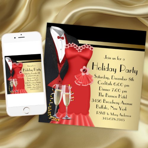 Tuxedo Red Dress Elegant Christmas Invitation