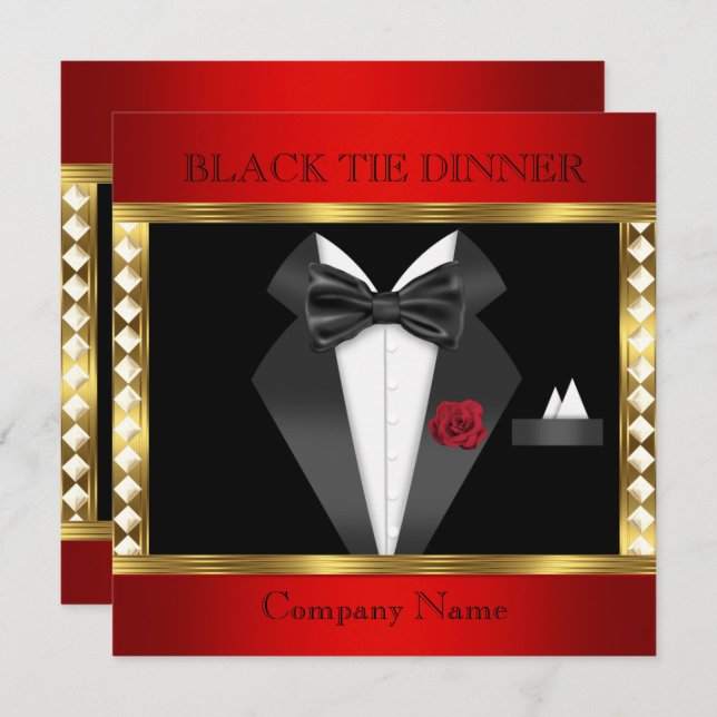 Tuxedo Red Gold Black Tie Formal Party Invitation (Front/Back)