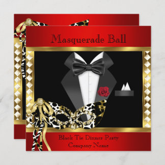 Tuxedo Red Gold Black Tie Masquerade Ball Invitation
