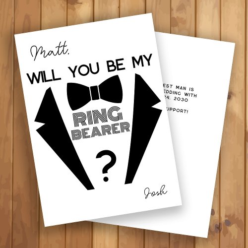 Tuxedo ring bearer black and white proposal card