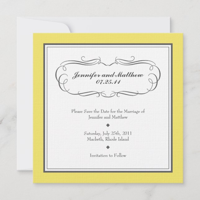 Tuxedo Save the Date - Yellow and Gray on Linen (Front)