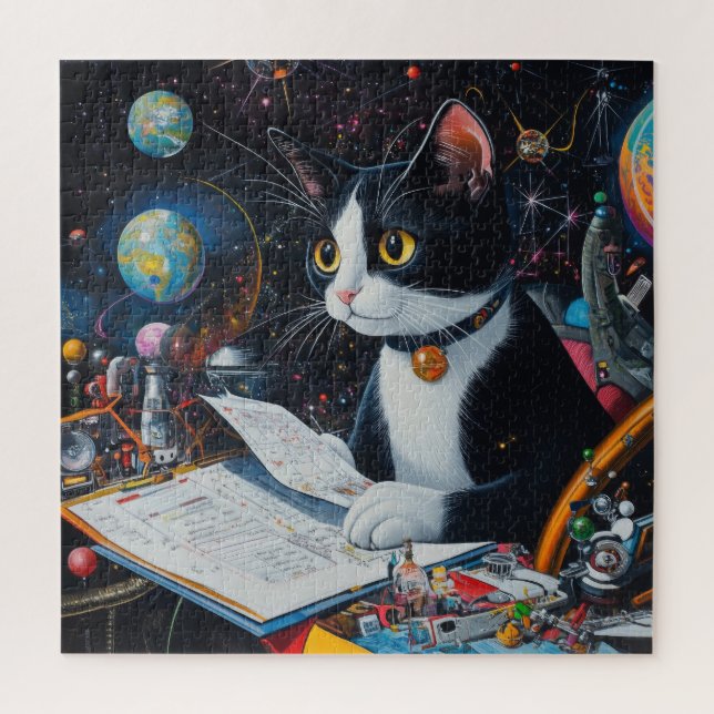 Tuxedo Space Cat Reviewing Mission Plans Jigsaw Puzzle (Vertical)