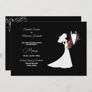 Tuxedo Suit & Bride Silhouette B&W Wedding Invitation