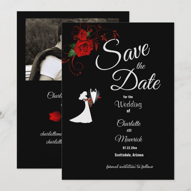 Tuxedo Suit & Bride Silhouette Red Roses Wedding Save The Date (Front/Back)