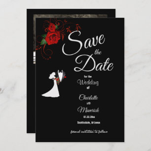 Tuxedo Suit & Bride Silhouette Red Roses Wedding Save The Date