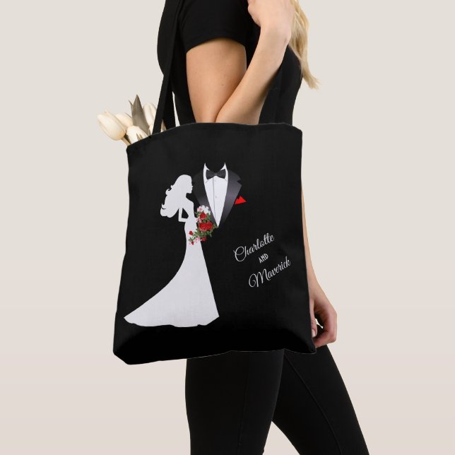 Tuxedo Suit & Bride Silhouette Wedding Favor Tote Bag (Close Up)