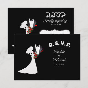 Tuxedo Suit & Bride Silhouette Wedding RSVP Card
