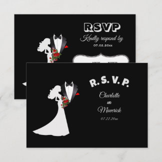 Tuxedo Suit & Bride Silhouette Wedding RSVP Card