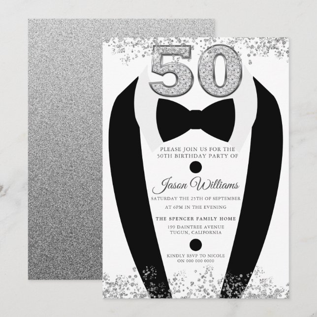 Tuxedo Suit Silver Mens 50th Birthday Party Invitation (Front/Back)