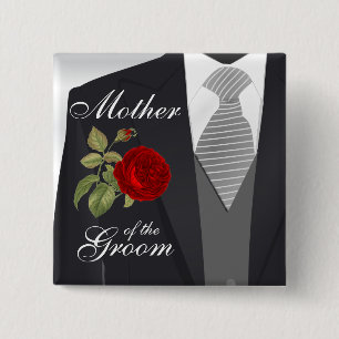 Tuxedo Suit Team Groom - Red Rose Pinback Button