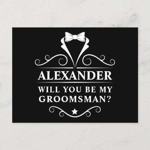 Tuxedo Tie Will You Be My Groomsman Black Postcard