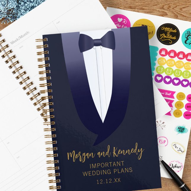 Tuxedo Wedding Bridal Party Personalized Planner (A blue tuxedo wedding planner with space for name and wedding date)