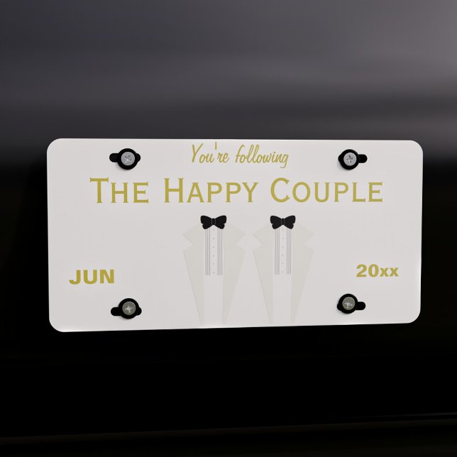 Tuxedo Wedding Happy Couuple Car License Plate (Add your names & wedding date to this cream tuxedo license plate. Makes a quirky gift for newlyweds)