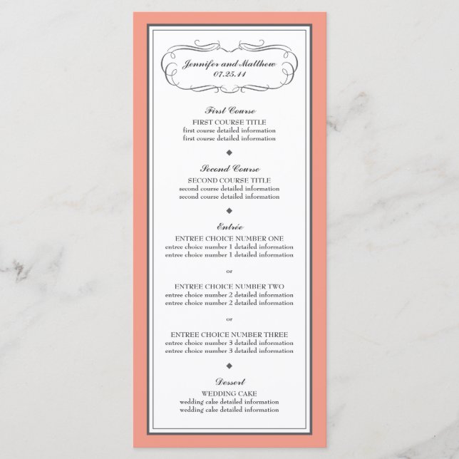 Tuxedo Wedding Menu in Coral and Gray (Front)