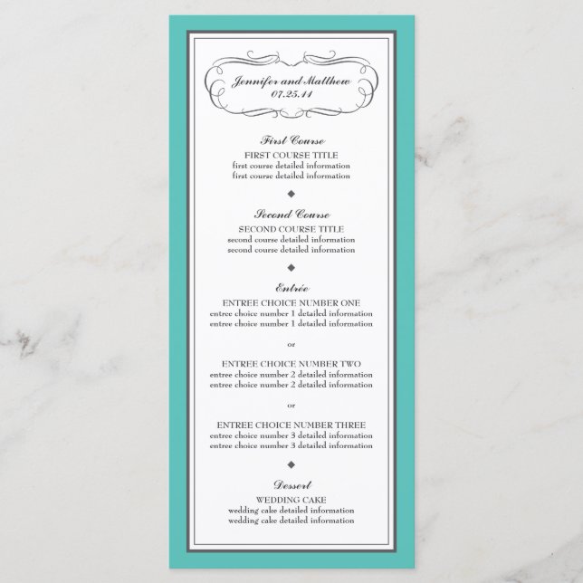 Tuxedo Wedding Menu in Turquoise and Gray (Front)