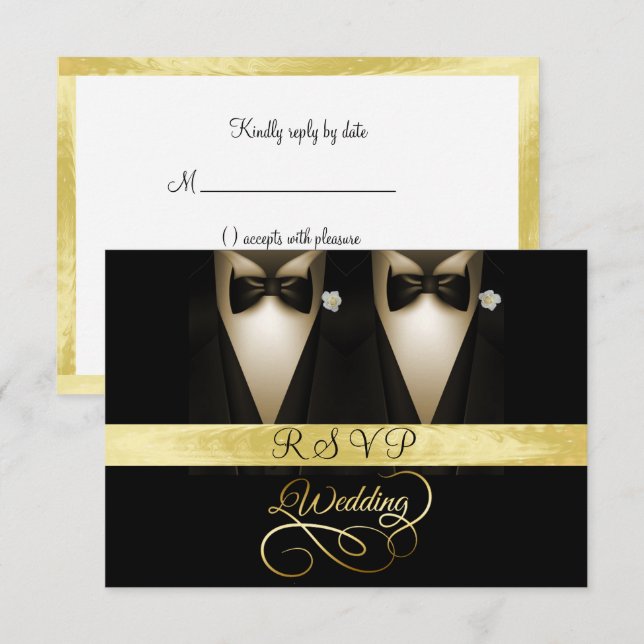 Tuxedo, White Rose Gold & Black Wedding RSVP Invitation (Front/Back)