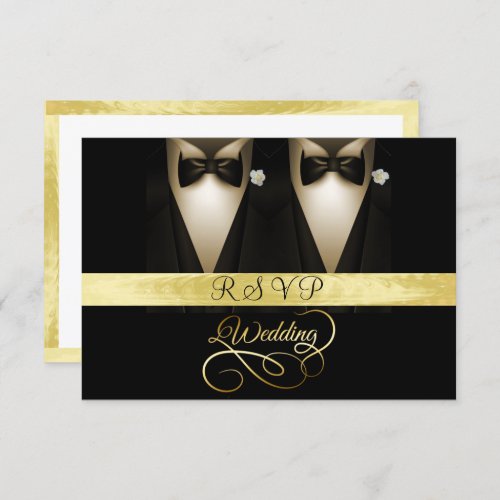 Tuxedo White Rose Gold  Black Wedding RSVP Invitation