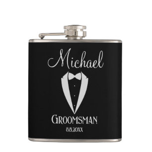 tuxedo with bow groomsman black and white flask