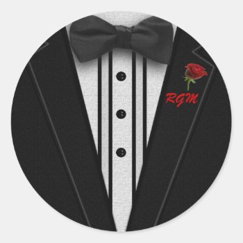 Tuxedo With Bow Tie Monogram Classic Round Sticker by AZEZGifts at Zazzle