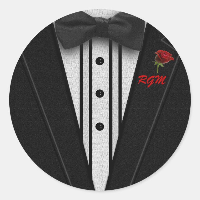 Tuxedo with Bow Tie Monogram Classic Round Sticker (Front)