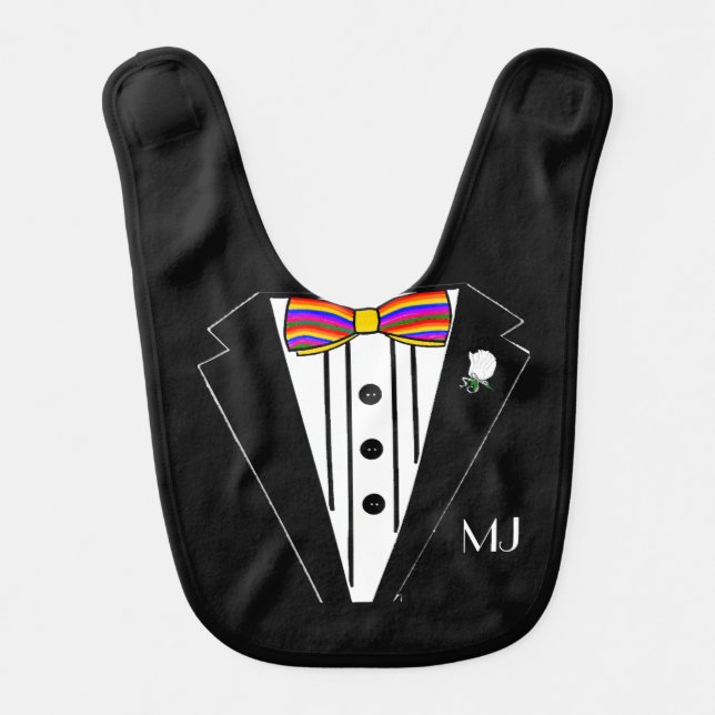 Tuxedo with Rainbow Bow Tie and Monogram- Bib (Front)