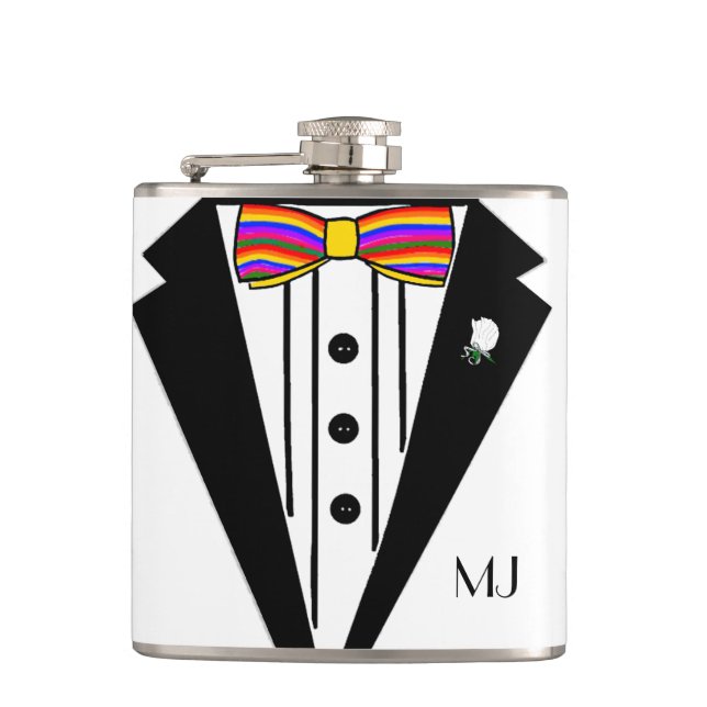 Tuxedo With Rainbow Bow Tie Wedding Hip Flask (Front)