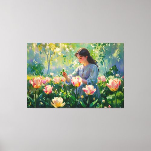  TV2 Garden Tulips Girl Stretched Canvas Print