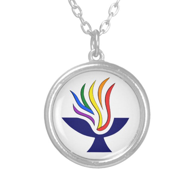 TVUUC Symbol Flaming Chalice Logo Silver Plated Necklace (Front)