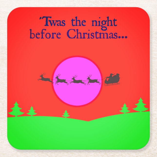 Twas The Night Before Christmas Red Backgound Square Paper Coaster (Front)