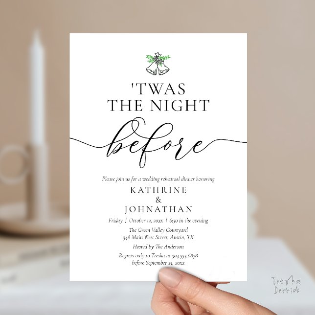 Twas The Night Before Classy Rehearsal Dinner Invitation ('Twas The Night Before Modern Romantic Wedding Rehearsal Dinner Invitation Card PDF Black White)