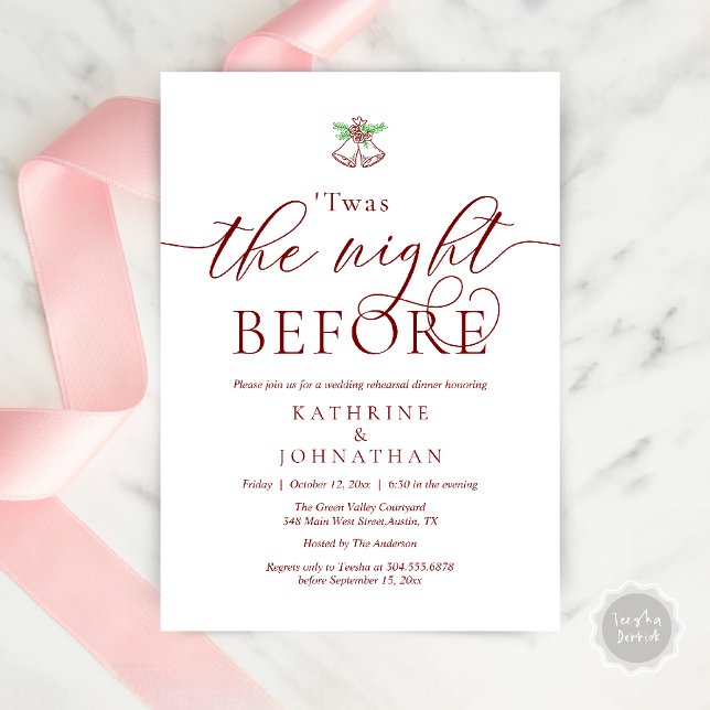 Twas The Night Before Modern Rehearsal Dinner Invitation (Twas The Night Before Wedding Rehearsal Dinner Party Invites Card mistletoe wedding bell burgundy)