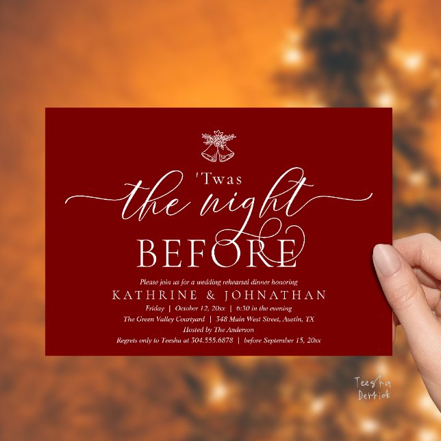Twas The Night Before Modern Rehearsal Dinner Invitation ('Twas The Night Before Modern Romantic Wedding Rehearsal Dinner Invites Card PDF Burgundy Wine Red)