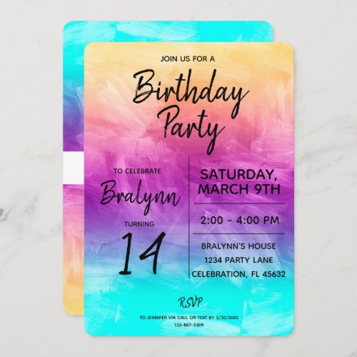 Tween Girl Birthday Party Watercolor Design Invitation