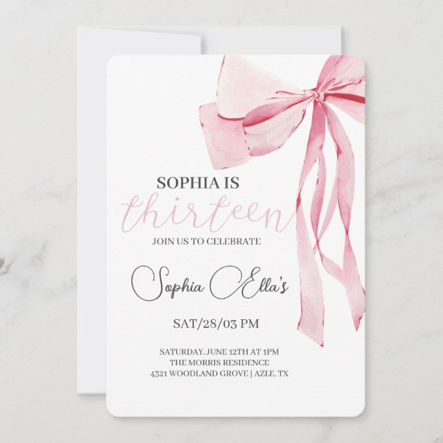 Tween Pink Bow 13th Birthday | Coquette 13th Birth Invitation (Front)