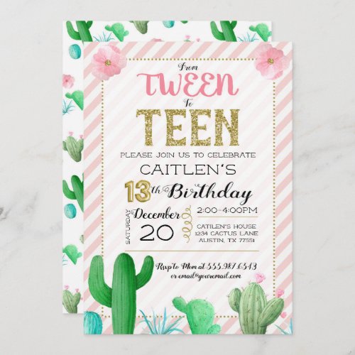 Tween To Teen Cactus Boho Birthday Invitation