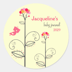 Tweet Bird And Pink Dots Bloom Tree Baby Bookplate