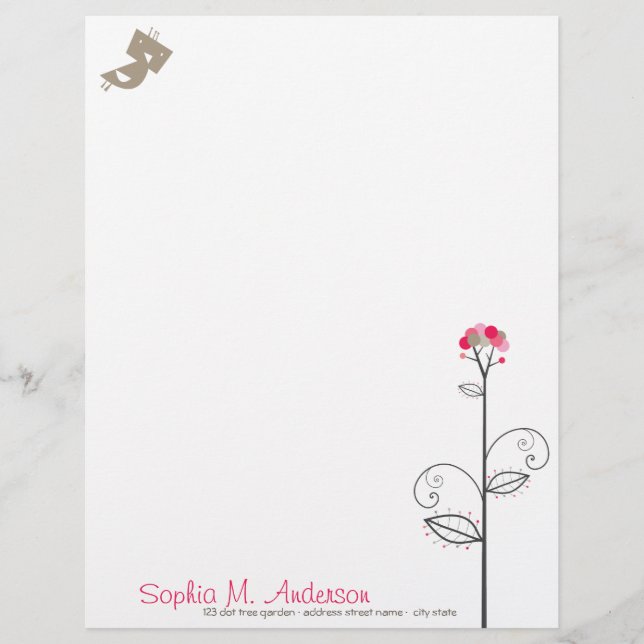 Tweet Bird And Whimsical Cute Bloom Tree Pink Dots Letterhead (Front)