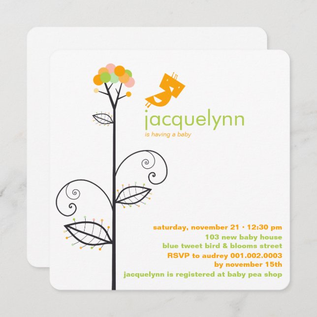 Tweet Bird Orange Bloom Dots Tree Chic Baby Shower Invitation (Front/Back)