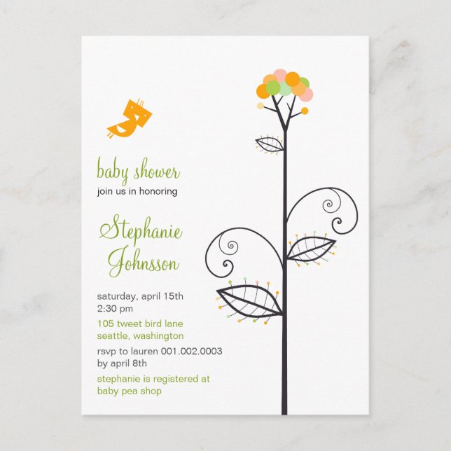 Tweet Bird Yellow Bloom Dots Tree Chic Baby Shower Invitation Postcard (Front)