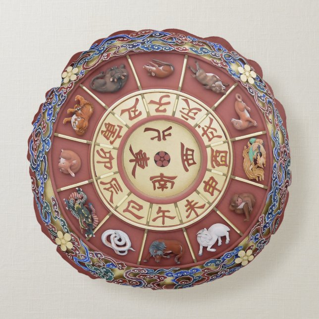 Twelve Branches of the Earth ~ Chinese Zodiac  Round Pillow (Front)