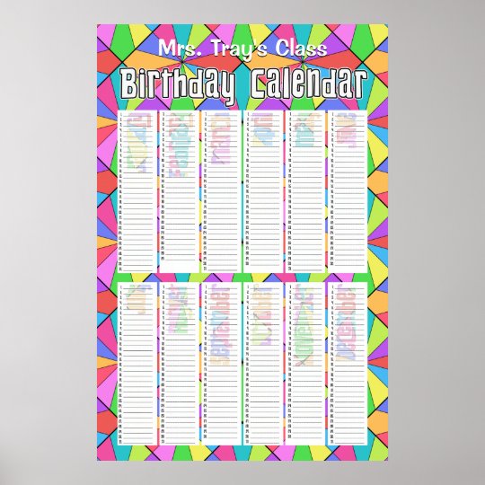 Twelve Colors Custom Perpetual Birthday Calendar Poster
