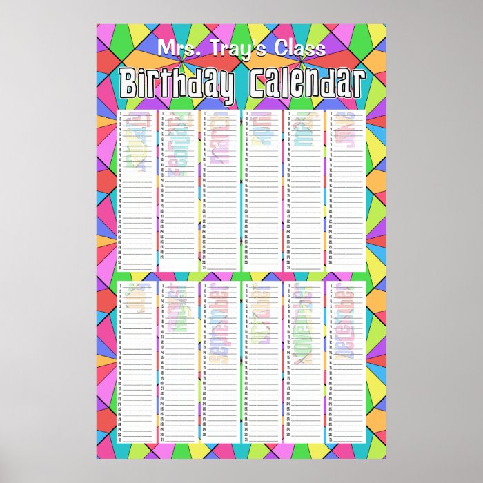 Twelve Colors Custom Perpetual Birthday Calendar Poster Zazzle