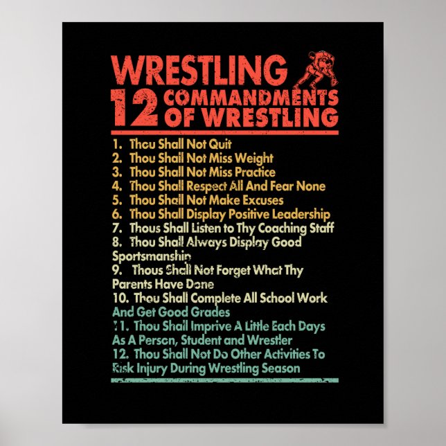 Twelve Commandments of Wrestling Funny Wrestle Fan Poster (Front)