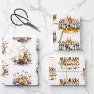 Twelve Days of Christmas Festive Gold Wrapping Paper Sheets