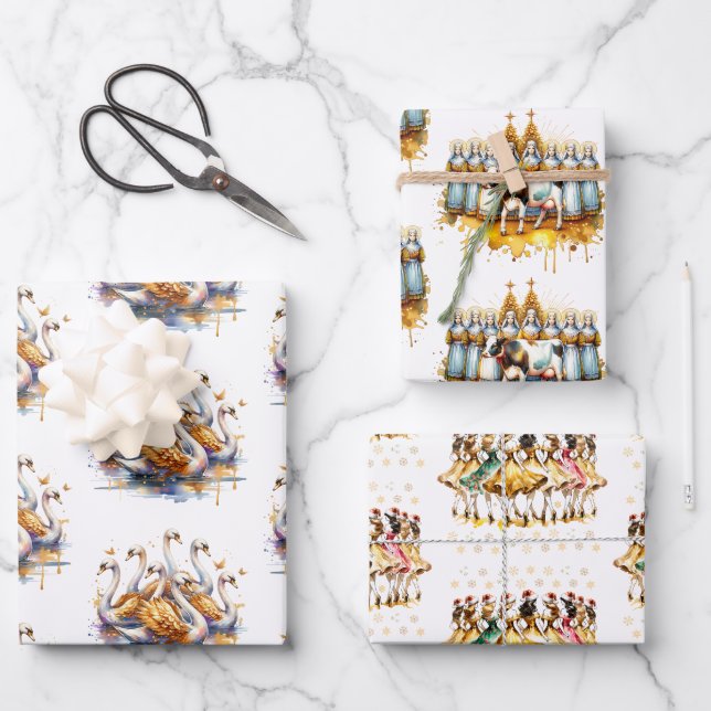 Twelve Days of Christmas Festive Gold Wrapping Paper Sheets (Front)