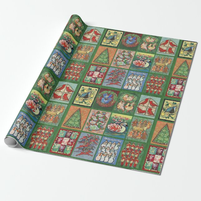 Twelve Days of Christmas Green Wrapping Paper (Unrolled)