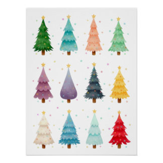 Twelve Festive Christmas Trees, watercolor Poster