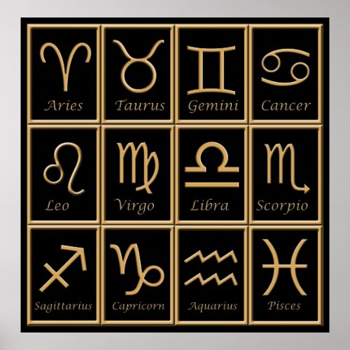 Twelve Gold Zodiac Signs Print