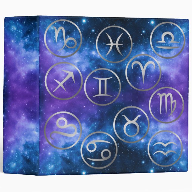 Twelve Grey Zodiac Symbols on blue galaxy | 3 Ring Binder (Front/Spine)