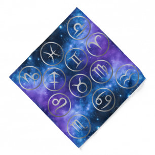 Twelve Grey Zodiac Symbols on blue galaxy   Bandana